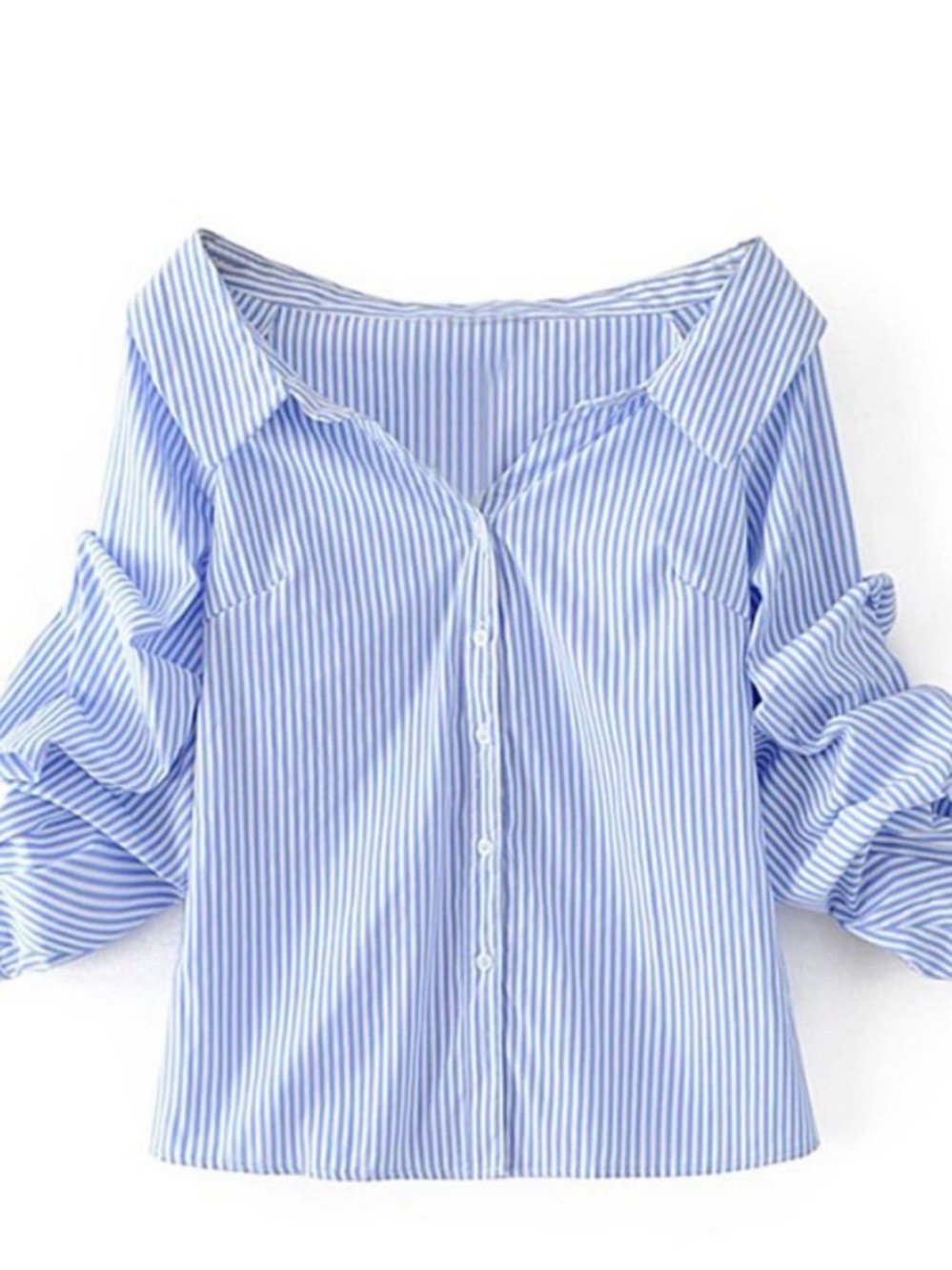 Zara Light Blue & White Striped Off-Shoulder Button-Down Top